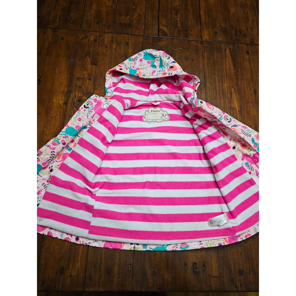 Hatley Girls Pink Horse Floral Print Hooded Rain Jacket Size 5 Terry Lined - Picture 6 of 7